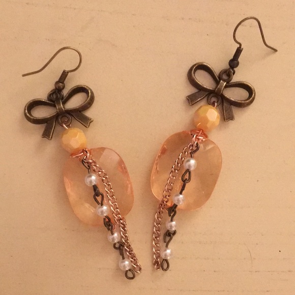 Jewelry - Champagne Peach + Pearl Tassel Bow Boho Statement Earrings